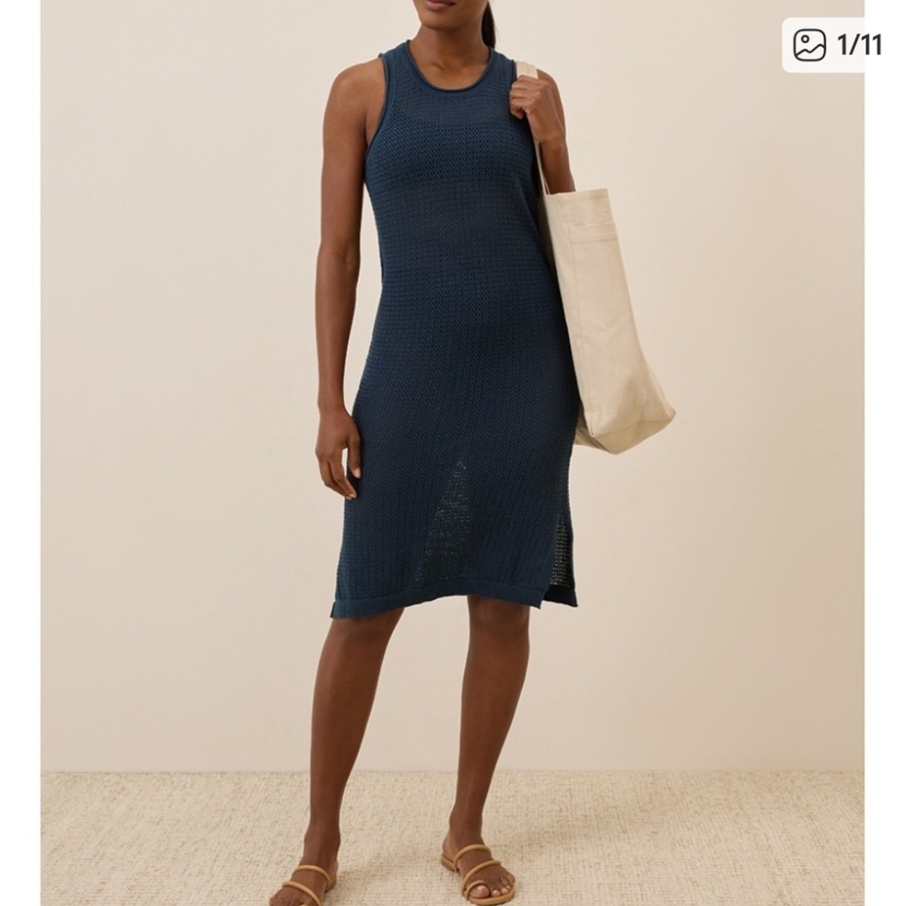 Pact Organic Navy Blue Beachside Crochet Knit Cotton Linen Sleeveless Dress M